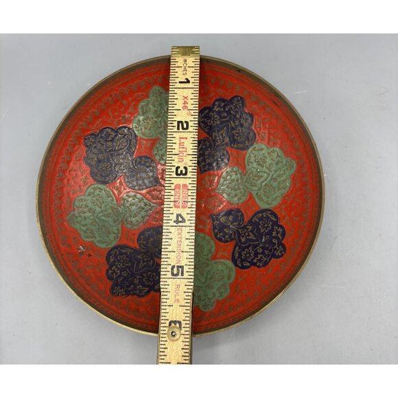 Vtg Brass Bowl Enameled Intricate Red Floral Design 6" Decor - Picture 4 of 6
